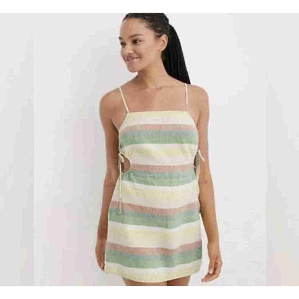 Aerie Green Striped Linen Blend Mini Dress Extra Large NWT